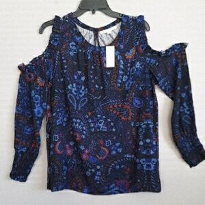 Loft Cold-Shoulder Printed Ruffle TrimWomen's Top in Navy